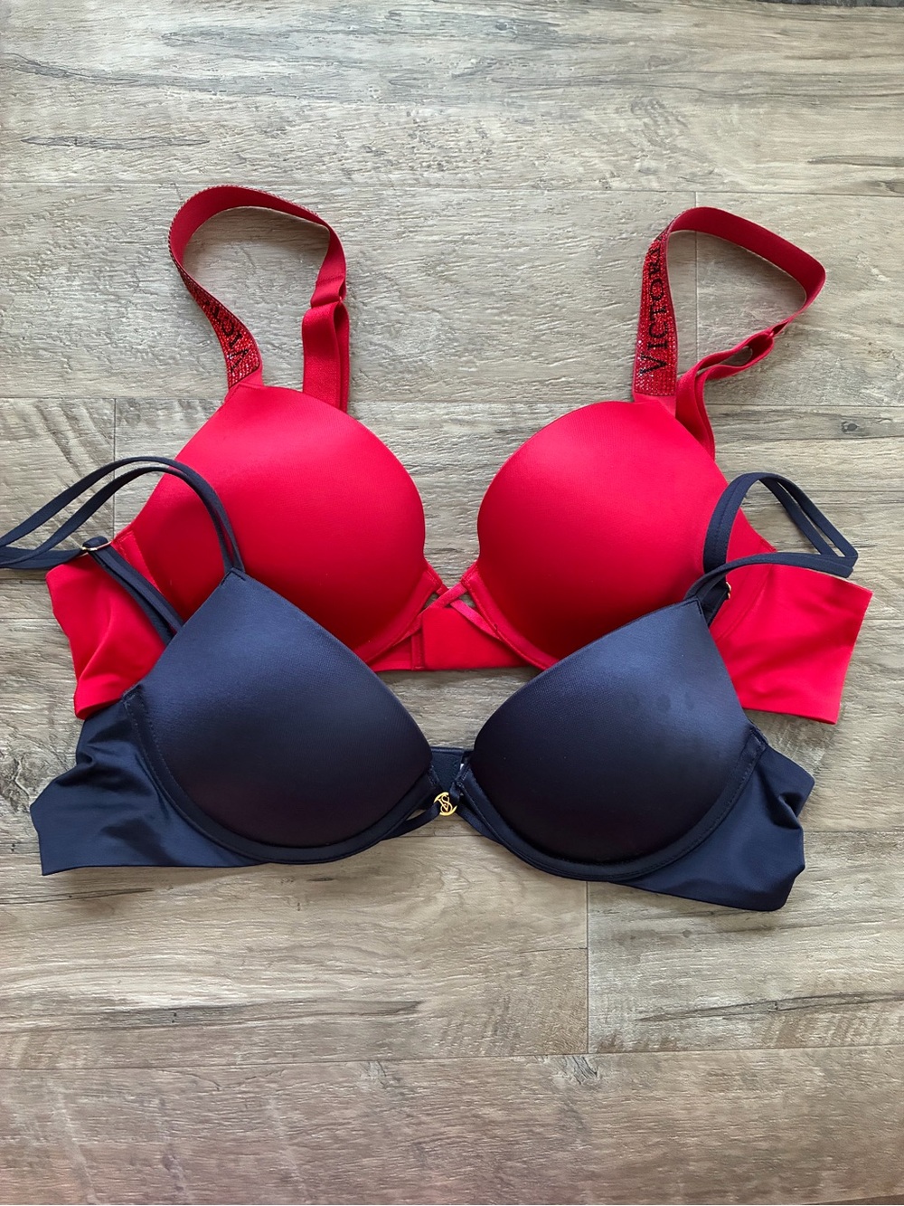 Victoria Secret 2 Satin Push Up Bras Logo Shine Diamonte Strap